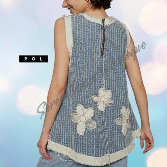 POL Blue Denim Flower Patchwork Frayed Edge Baggy Sleeveless Cotton Drapery Top - Picture 3 of 9